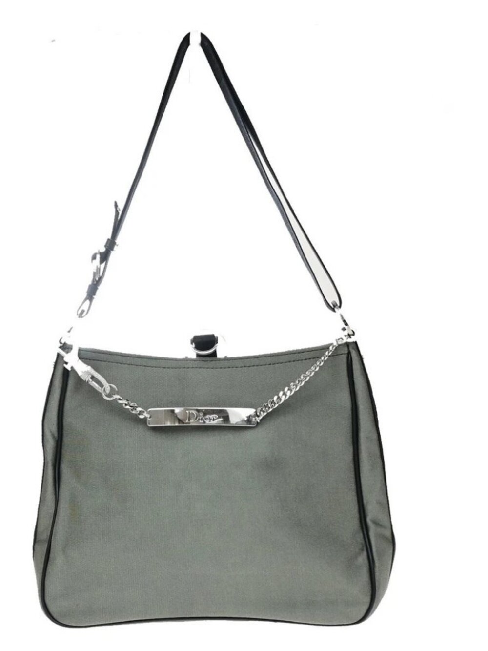 CHRISTIAN DIOR Logo Rhinestone Chain Shoulder Hand Bag Canvas Khaki